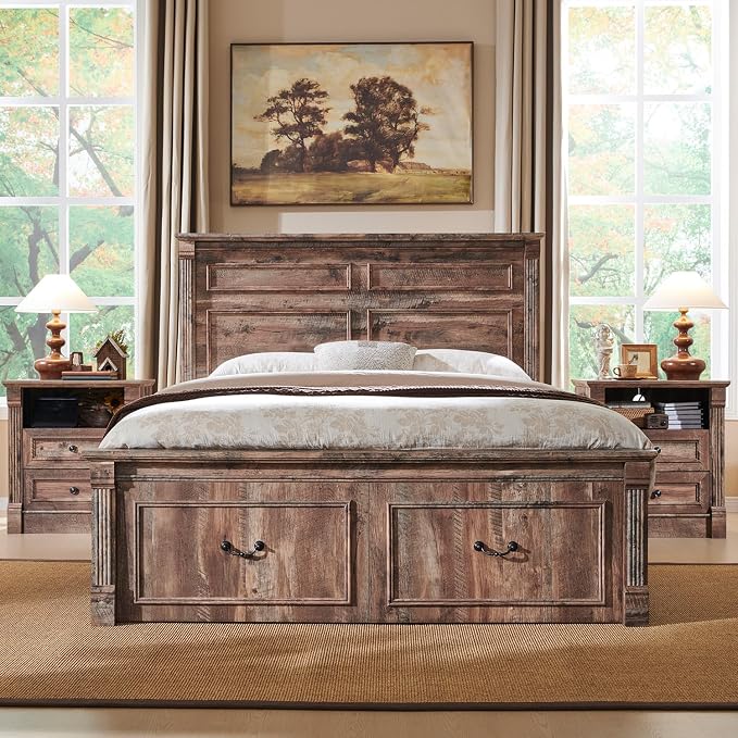 Aitjunz 26" Tall Farmhouse Nightstand, 2 Drawers End Table w/Charging Station, 23.6" Wide Large Side Table w/Roman Column, Wood Rustic Sofa Table w/Open Shelf, Bedside Table for Bedroom, Light Brown - Image 6