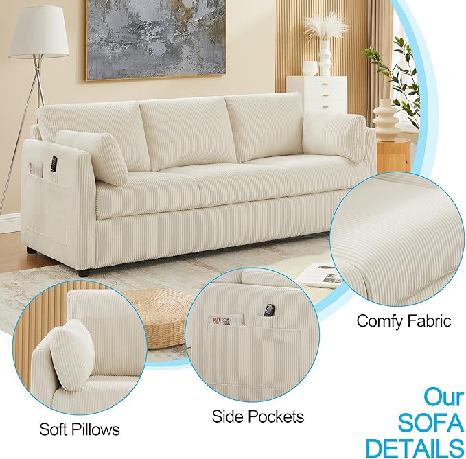 3 Seater Couches for Living Room, 79" Modern Corduroy Sofa with 2 Pillows and Storage Pockets, Small Beige Couches for Apartment, Small Spaces, Home Office