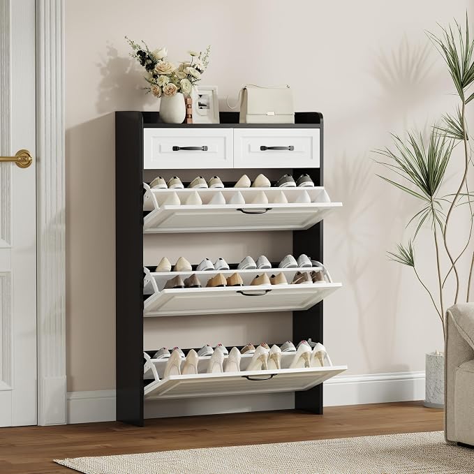 Shoe Cabinet with 3 Large Flip Drawers & 2 Storage Drawers, Narrow Shoe Organizer Cabinet Fits for Kinds of Shoes, Slim Shoe Storage Cabinet for Entryway, Hallway, Bedroom, Black and White by VibeDine