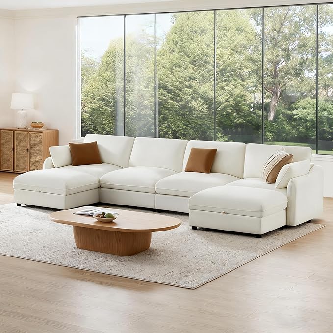 147" Cloud Sectional Couches for Living Room,U Shaped Oversized Modular Modern Linen Sofa with 2 Movable Ottoman,6 Deep Seat with 2 Throw Pillows,Warm White