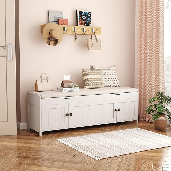 HOMEFORT 54.4" Shoe Bench with Lift Top Storage, Entryway Bench with Cushioned Seat, Wooden End of Bed Bench, Shoe Cabinet Bench with Hidden Storage Space, for Bedroom, Hallway,White - Image 2