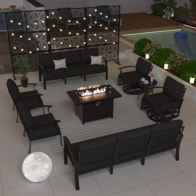 ALAULM Aluminum Patio Furniture Set with Propane Fire Pit Table - 10-seat Metal Outdoor Furniture w/Fire Pit Patio Sectional w/5.1" Cushions for Backyard, Poolside - Black