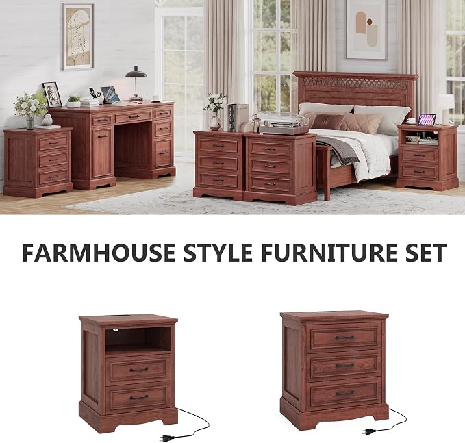 Farmhouse Nightstand Set of 2, Wood Night Stand with 3 Drawers and Charging Station Modern Bedside Table for Bedroom End Side Table Storage Cabinet Small 6 Drawers Dresser (2, Cherry Brown) - Image 7