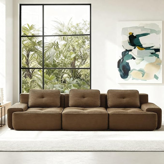 Casaphoria 115'' Brown Corduroy Sofa, Boneless Sectional Couch with 3 Pillows for Modern Living Room, Deep Seat Sofa No Assembly Modular Cloud Couch