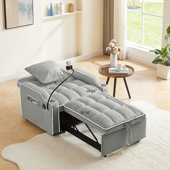 3 in 1 Convertible Sleeper Sofa Bed with Phone Holder, 35'' Pull Out Sofa Bed Recliner with Adjustable Backrest, Velvet Fabric Sleeper Couch Single Modern Chair for Small Space & RV, Gray