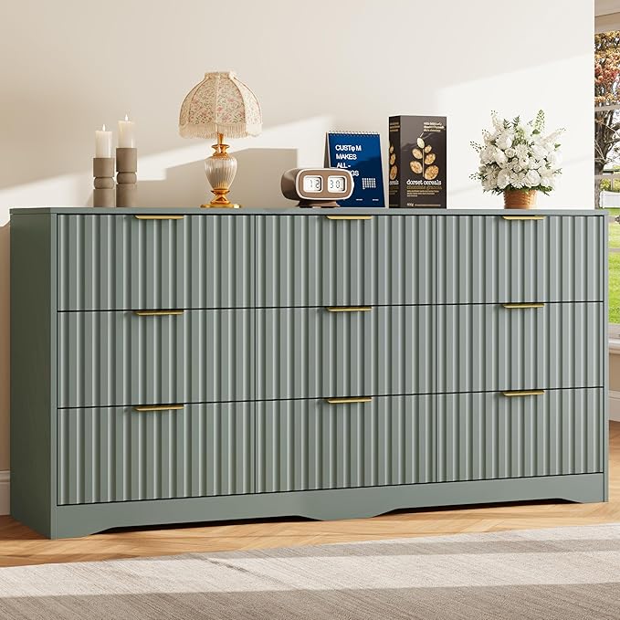 9 Drawer Dresser and Nightstand Sets for Bedroom, Modern Fluted 3 Pcs Bedroom Dresser Furniture Sets, Wood Chest of Drawers and Nightstand Set of 2 with Metal Handles, Green