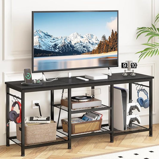 YGEOMER TV Stand for Tvs Up to 55 Inch, Entertainment Center with Power Outlet and Open Storage Shelves, TV Console Table for Living Room Bedroom, Black by YGEOMER