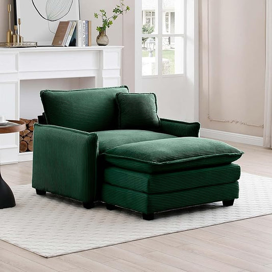 KEIKI 46" Oversized Corduroy Modular Sectional Single Sofa with 1 Ottoman, High-Density Foam Cushions, Removable Armrest, Upholstered 1-Seater Lounge Accent Chair with 1 Pillow, for Living Room, Green