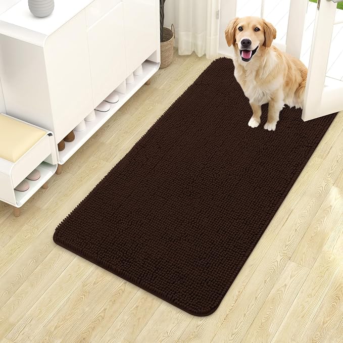 OLANLY Dog Door Mat for Muddy Paws 40x24, Absorbs Moisture and Dirt, Absorbent Non-Slip Washable Doormat, Quick Dry Chenille Mud Mat for Dogs, Entry Indoor Entryway Carpet for Inside Floor, Brown by OLANLY