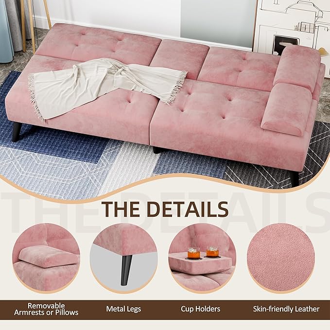 Shintenchi Futon Sofa Bed, Velvet Foldable Couch, Reclining Sleeper with Removable Armrests, Upholstered Loveseat Sofa Couch with Folding Cup Holders for Home, Office, Pink