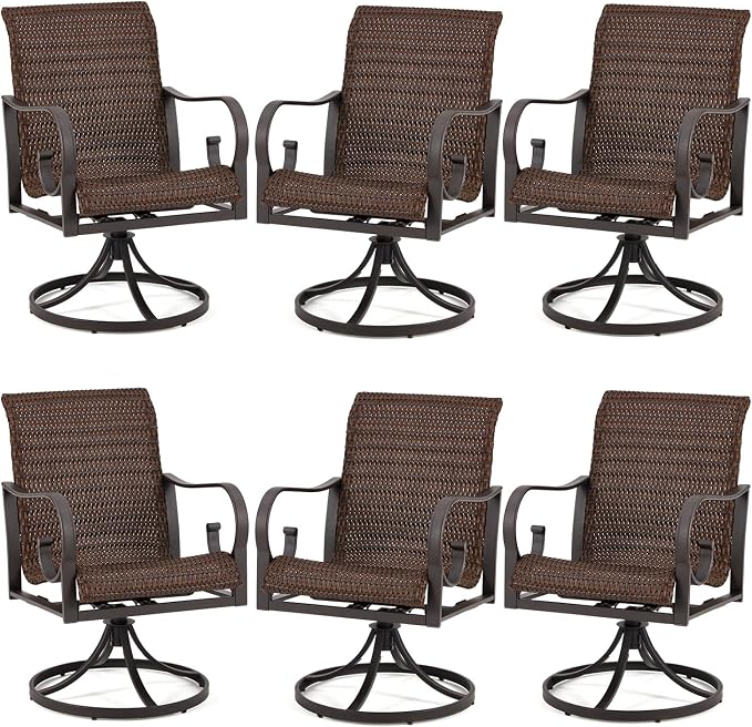 EROMMY Patio Swivel Chairs Set of 6, Heavy Duty Outdoor Dining Chair with 23.5'' High Back, Extra-Large Water-Fall Seat, Rattan Wicker Porch Chair Gentle Rocker for Outside, Dark Brown by EROMMY