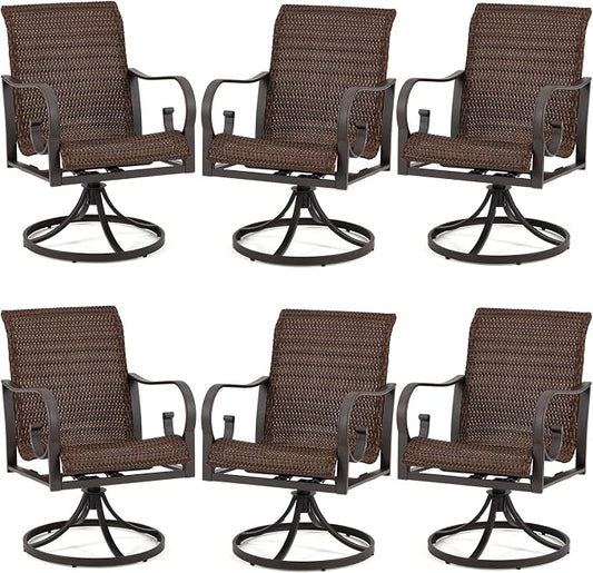 EROMMY Patio Swivel Chairs Set of 6, Heavy Duty Outdoor Dining Chair with 23.5'' High Back, Extra-Large Water-Fall Seat, Rattan Wicker Porch Chair Gentle Rocker for Outside, Dark Brown by EROMMY