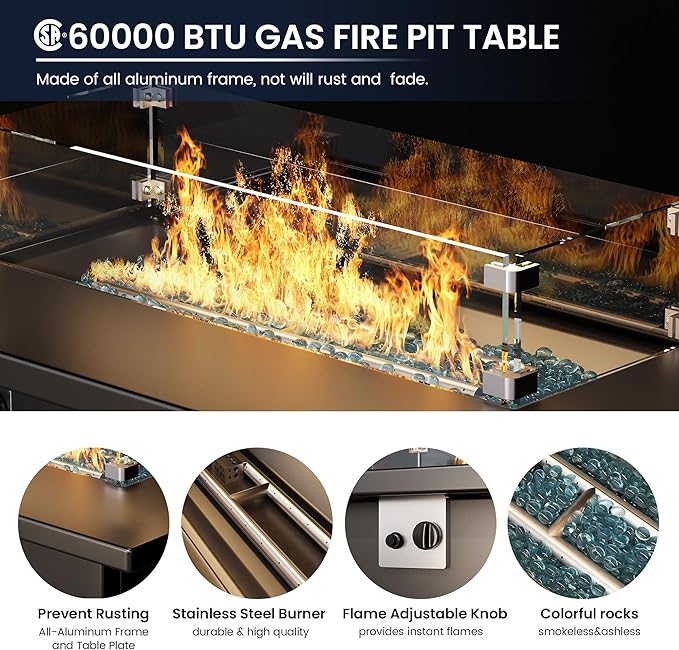 Amopatio Patio Furniture with Fire Pit, 5 Pcs Aluminum Outdoor Sectional Metal Patio Sofa Sets with Aluminum Fire Pit Table for Backyard,Dark Grey&Blue(Included Waterproof Covers)