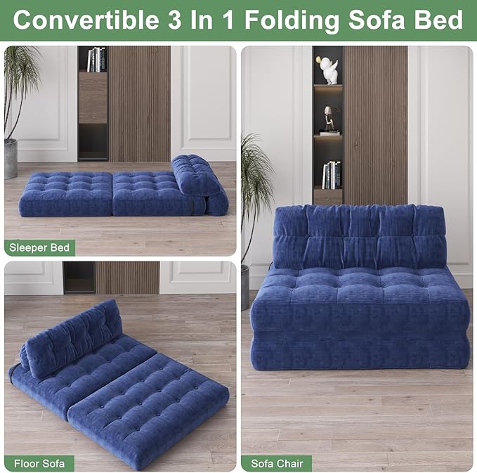 GarveeHome Folding Sofa Bed, Floor Folding Couch with Pillow, Futon Sofa Bed Convertible Sleeper Chair Foldable Mattress Back Support, Portable Fold Out Couch, Full, Corduroy, Dark Blue