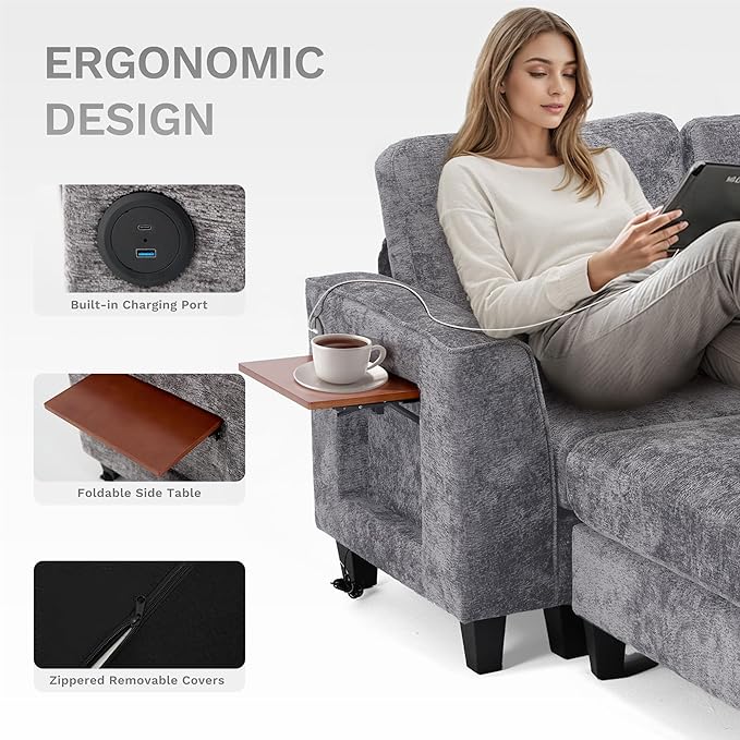 118" U-Shaped Sectional Couch, 4-Seat Modular Sofa with USB Type C Ports, 2 Ottomans and Foldable Side Table, Grey for Living Room