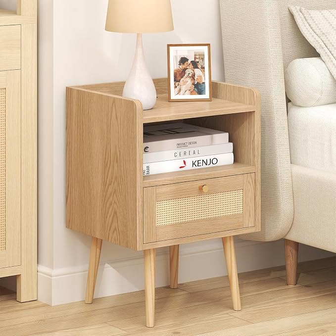 MECHYIN Night Stand Set 2, Nightstands Set of 2 with Charging Station, Rattan Side Tables with Solid Wood Legs, Boho Bedside End Table for Apartment Bedroom Dorm Small Space - Image 2