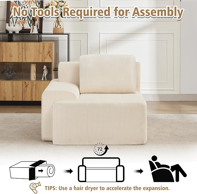 KIGOTY Modular Sectional Sofa, Comfy Cloud Sectional Couch with Left Armrest, Corner Sofa, Modern Boneless Couch for Living Room, No Assembly Required, White