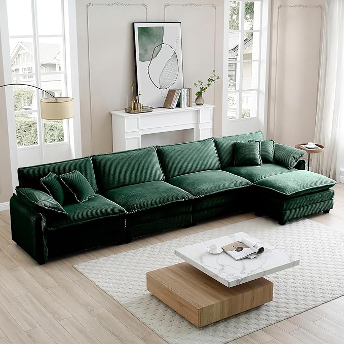 KEIKI 150" L-Shaped Oversized Corduroy Modular Sectional Sofa with 1 Ottoman, High-Density Foam Cushions, Removable Armrests, Upholstered 4-Seater Corner Couch with 6 Pillow, for Living Room, Green