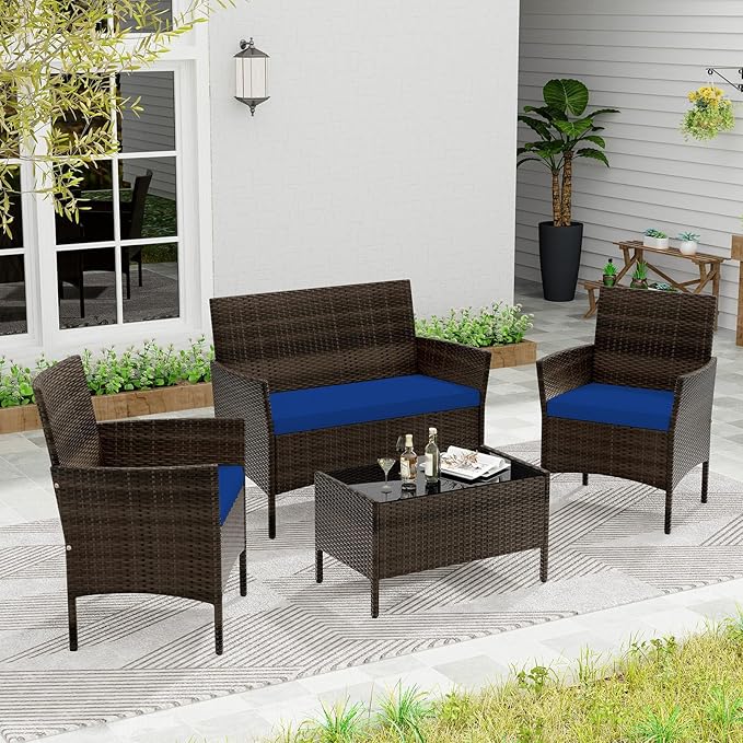 KOTEK 4 Piece Patio Furniture Set, Outdoor Rattan Conversation Set with Loveseat, Wicker Chairs, Tempered Glass Coffee Table, Wicker Patio Set for Backyard, Porch (Navy)