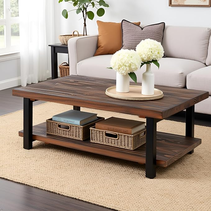 Alaterre Furniture Pomona Living Room Tables – 48 Inch Rectangular Solid Wood Coffee Table with Storage Shelf & Metal Legs – Rustic Industrial Farmhouse Large Living Room Table (Rustic Brown)