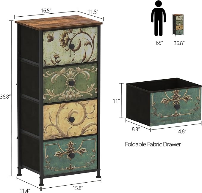 Tohomeor Small Dresser for Bedroom with Retro Flower Narrow Drawers Slim Chest of Drawers Skinny Nightstand Sofa End Table for Living Room Entryway Closet Storage (Multi, 4 Drawers) - Image 3