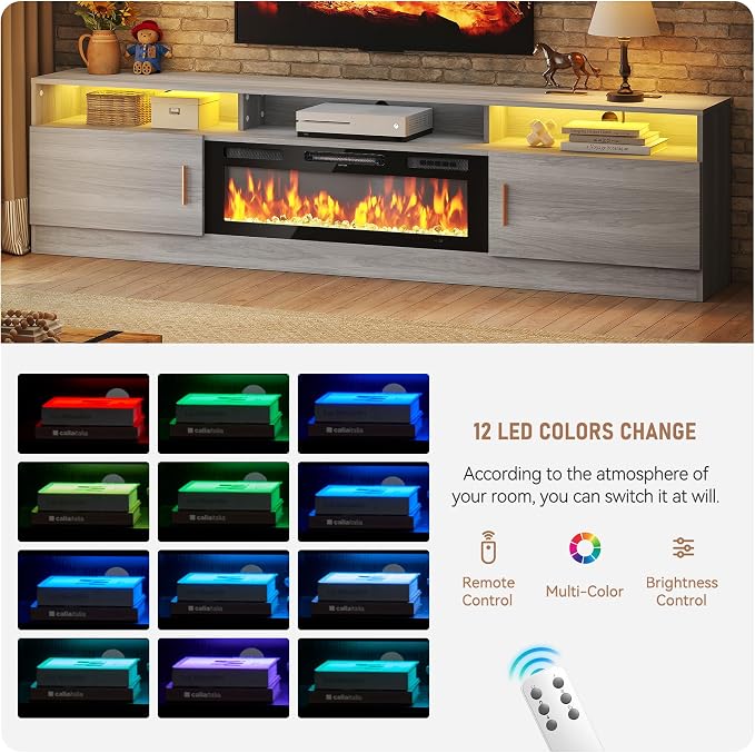 MXV 78" Fireplace TV Stand with Power Outlet for TVs UP to 90", Electric Fireplace Entertainment Center with LED Lights & Storage Cabinets, TV Console for Living Room, Office, Grey-Black - Image 4