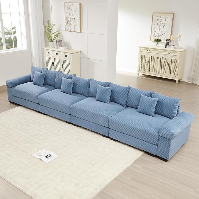 KEIKI 168" Oversized Corduroy Modular Cloud Sectional Sofa with High-Density Foam Cushions, Extra-Thick Armrest, Upholstered Modern 4-Seater Fluffy Corner Couch with 12 Pillow, for Living Room, Blue