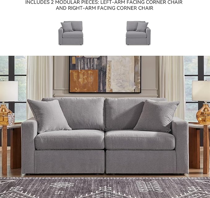 Signature Design by Ashley Modmax Casual Modular Stain Resistant 2-Piece Loveseat with Removable Covers and 2 Accent Pillows, Light Gray
