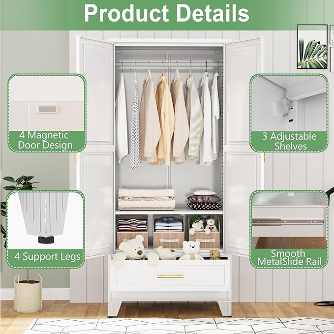 Ckzbx 71" H Metal Armoire Wardrobe Closet with Drawer, Adjustable Shelf, Clothes Drying Pole, Clothes Storage Closet for Bedroom (White)