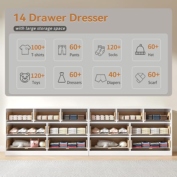 White Dresser Set of 2, Long Dresser for Bedroom Wooden with 14 Drawers, Fluted Modern Bedroom Furniture Set, TV Stand Dressers & Chests of Drawers for Closet (15.7"D x 110.2"W x 31.8"H)