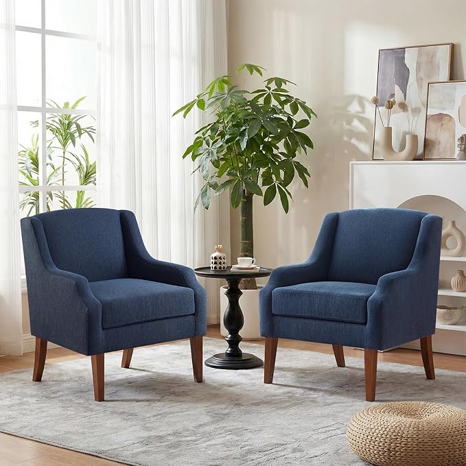 Accent Chair for Living Room Set of 2,No Assembly Upholstered Mid Century Modern Comfy Tufted Armchairs with Wooden Legs,Sofa Chairs for Bedroom, Reading Waiting Room Apartment Dark Blue