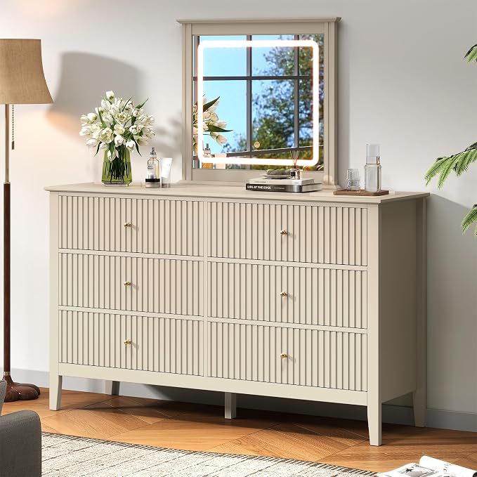 RoyalCraft 6 Drawer Dresser with Lighted Mirror, Beige Fluted Modern Wood Chest of Drawers, Long Dresser for Bedroom Storage - Image 9