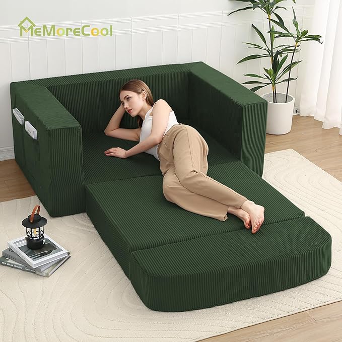 MeMoreCool Green Corduroy Fold-Out Loveseat Sofa Bed – Boneless Convertible Floor Couch with Foam, Compact Sleeper Futon with Washable Cover, No Assembly Required for Small Spaces & Bedroom
