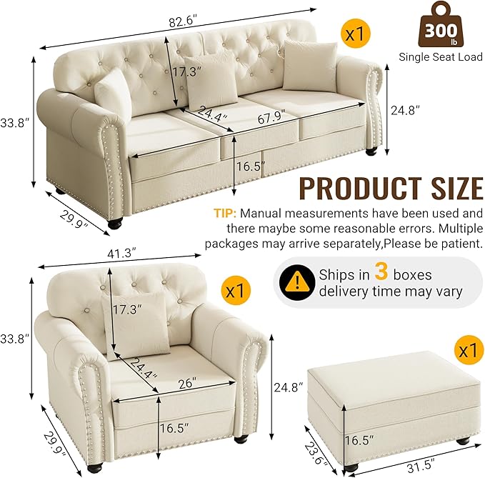 KEIKI 2-Piece Chesterfield Sofa Set with 1 Velvet 3-Seater Sofa & 1 Single Sofa, Upholstered 4-Seater Couch Set with Nailhead Trim & Rolled Arms & 1 Ottoman & 4 Pillow, for Living Room, White