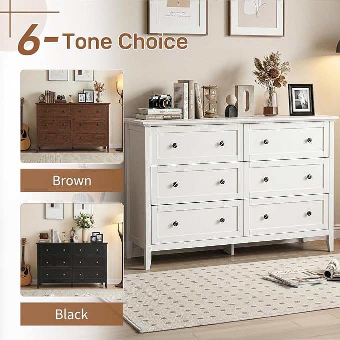 Karl home 6 Drawers Dresser for Bedroom, White Wood Dresser with Double Handle, Farmhouse Tall Chest of Drawers, Storage Organizer for Living Room, Closet, Hallway - Image 5