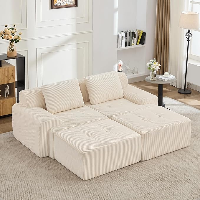 KIGOTY Modular Sectional Sofa, 4 PCS Comfy Cloud Sectional Couch with Deep Seat, Sleeper Sofa Bed with Ottoman, Modern Boneless Couch for Living Room, No Assembly Required,White