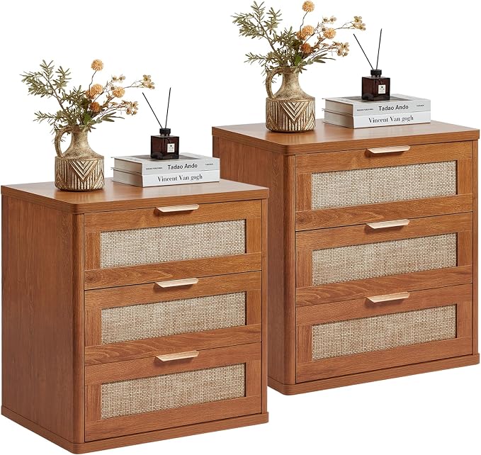 LEYAOYAO Rattan Night Stand with Drawers, 23" Large 3 Drawer Boho Nightstand, Natural Wood Bedside Table Storage Cabinet, Bed Side End Tables Dresser for Bedroom, Living Room, Hallway, Closet by LEYAOYAO-Findtheshiningpointofyourideallife%EF%BC%81
