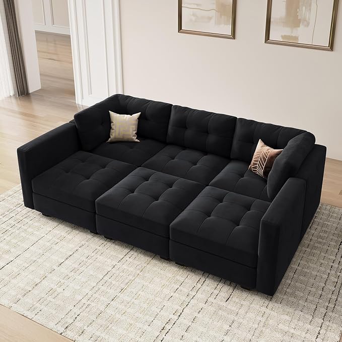 HONBAY Sectional Couch with Storage, Modular Sectional Sofa, Velvet Couches for Living Room, Mid Black