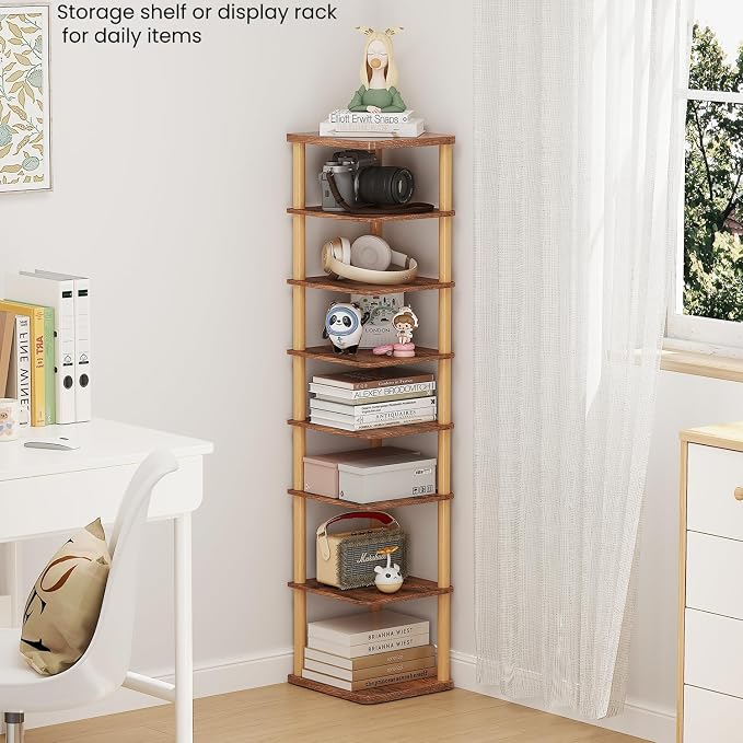 LUCKNOCK Vertical Shoe Rack, 8-Tier Tall Narrow Shoe Organizer for Entryway, Closet, Dorm & Small Spaces, Freestanding Wooden Shoe Shelf Tower for Boots, Sneakers, Heels. (Rustic Brown) - Image 6