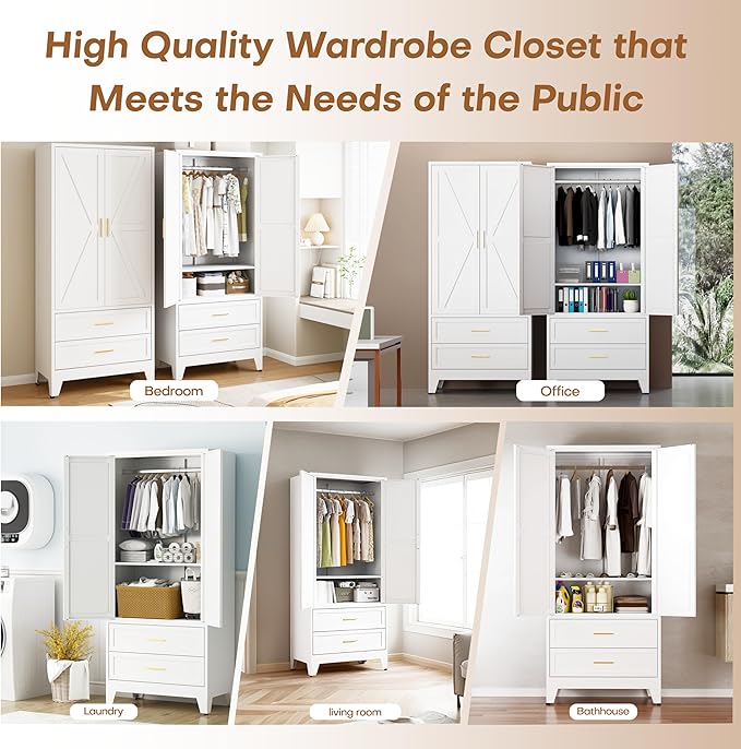 Metal Armoire Wardrobe Closet with 2 Drawers, 71" Wardrobe Cabinet with 1 Adjustable Shelf & 1 Hanging Rod for Bedroom, White Metal Closet Storage Cabinet with 2 Doors & 2 Drawers