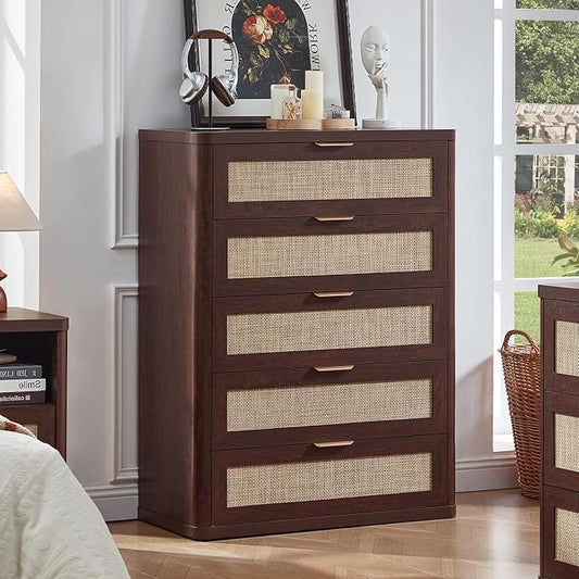 LEYAOYAO Rattan Dresser for Bedroom 41" Tall Chest of Drawers, Modern 5 Drawers Boho Dressers with Storage, Light Oak Dresser Wooden Closet Organizer for Living Room, Hallway, Retro Walnut by LEYAOYAO-Findtheshiningpointofyourideallife%EF%BC%81