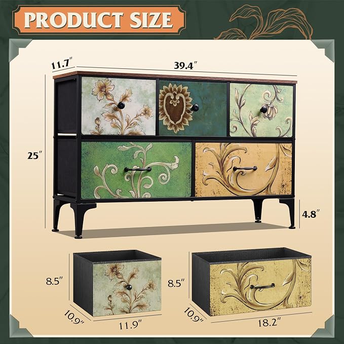 WLIVE Dresser for Bedroom with 5 Drawers, Wide Chest of Drawers, Fabric Dresser, Storage Organizer Unit with Fabric Bins for Closet, Living Room, Hallway, Floral Painted - Image 3