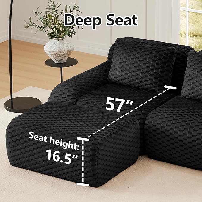 146" L-Shaped Compressed Sectional Cloud Sofa, Flannel Upholstered Modular Deep Seat Sofa with 5 Pieces, Modern Floor Boneless Foam Modular Cloud Couches for Living Room