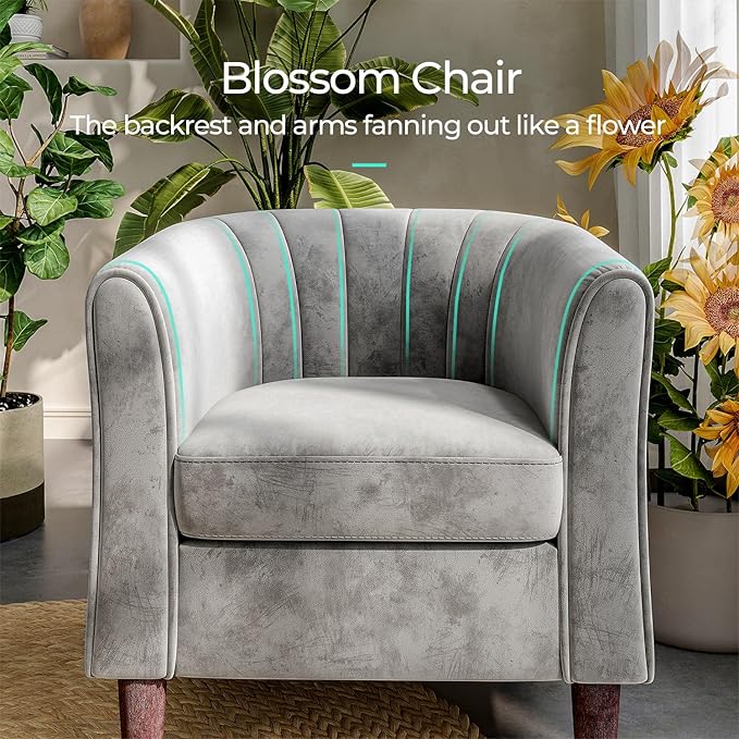 LINSY Accent Chair with Ottoman, Modern Barrel Chair Comfy Armchair Reading Chair with Footrest, Round Arms Chair for Living Room Bedroom Reading Room, Velvet, Light Grey