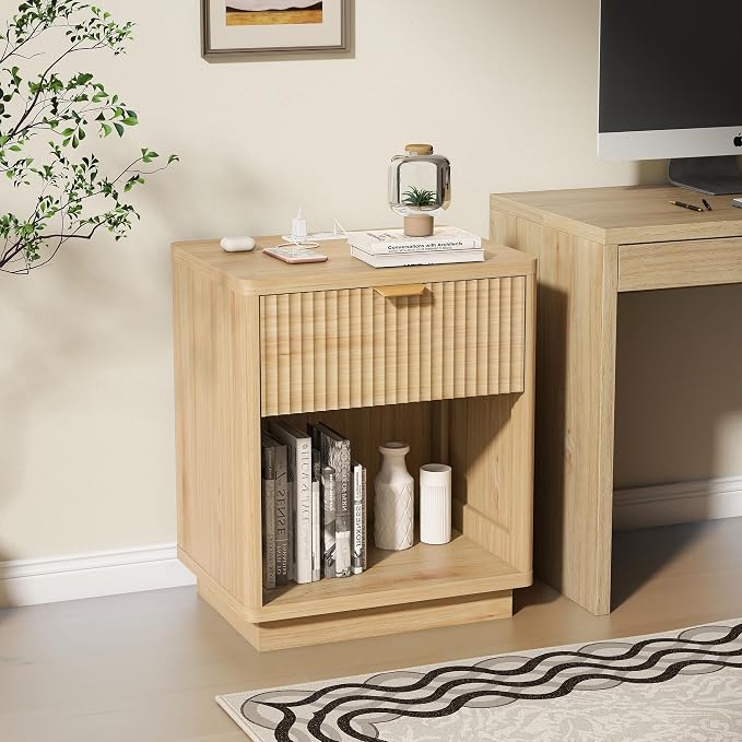 Nasonet Fluted Nightstand Charging Station,Wood Modern Night Stands Storage Cabinet for Bedroom,Oak Bedside Table with Drawers - Image 9