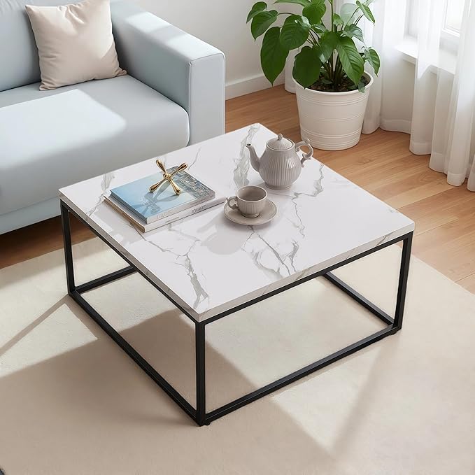 CENSI 30" Square Coffee Table, White Faux Marble Center Table for Living Room, Modern Minimalist Cocktail Table with Black Metal Frame, Extra Thick 1.2" Wood Top, Sturdy & Easy Assembly