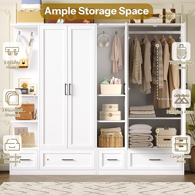 DynJest Armoire Wardrobe Closet with 2 Drawers, 70" Tall Clothing Storage Cabinet with Hanging Rod, 3 Open Shelves & 5 Hooks, 2 Doors Large Capacity Wooden Wardrobe Cabinet for Bedroom, White