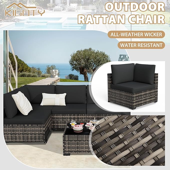 KIGOTY Patio Furniture Set,7 Pieces Modular Outdoor Sectional Sofa, PE Rattan Patio Conversation Set, All Weather Wicker Patio Furniture with Cushions and Coffee Table（Beige Black/Black）