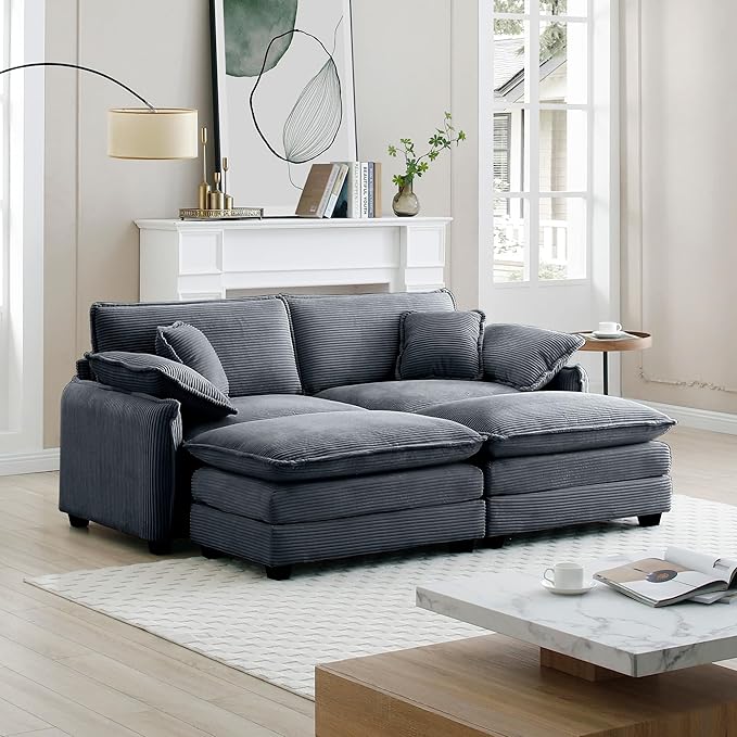 KEIKI 81" Oversized Corduroy Modular Sectional Loveseat Sofa with 2 Ottoman, High-Density Foam Cushions, Removable Armrests, Upholstered 2-Seater Corner Couch with 4 Pillow, for Living Room, Grey