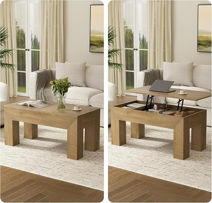 FABATO 41.7'' Lift Top Coffee Table, Wooden Rectangle Coffee Table with Hidden Storage, Large Center Table Adjustable Height Sofa Table for Living Room Office Apartment, Wood